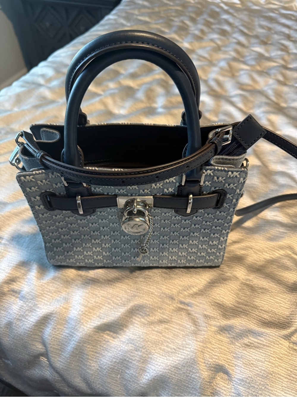 Michael Kors Blue Signature Mini Satchel with Silver Hardware